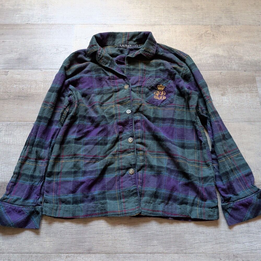 Lauren Ralph Lauren Plaid Flannel PJ Sleep Top Lady M Button-Up Green Purple